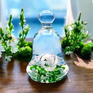 Joe St. Clair Art Glass Bell Paperweight MCM Green White Floral Bubbles